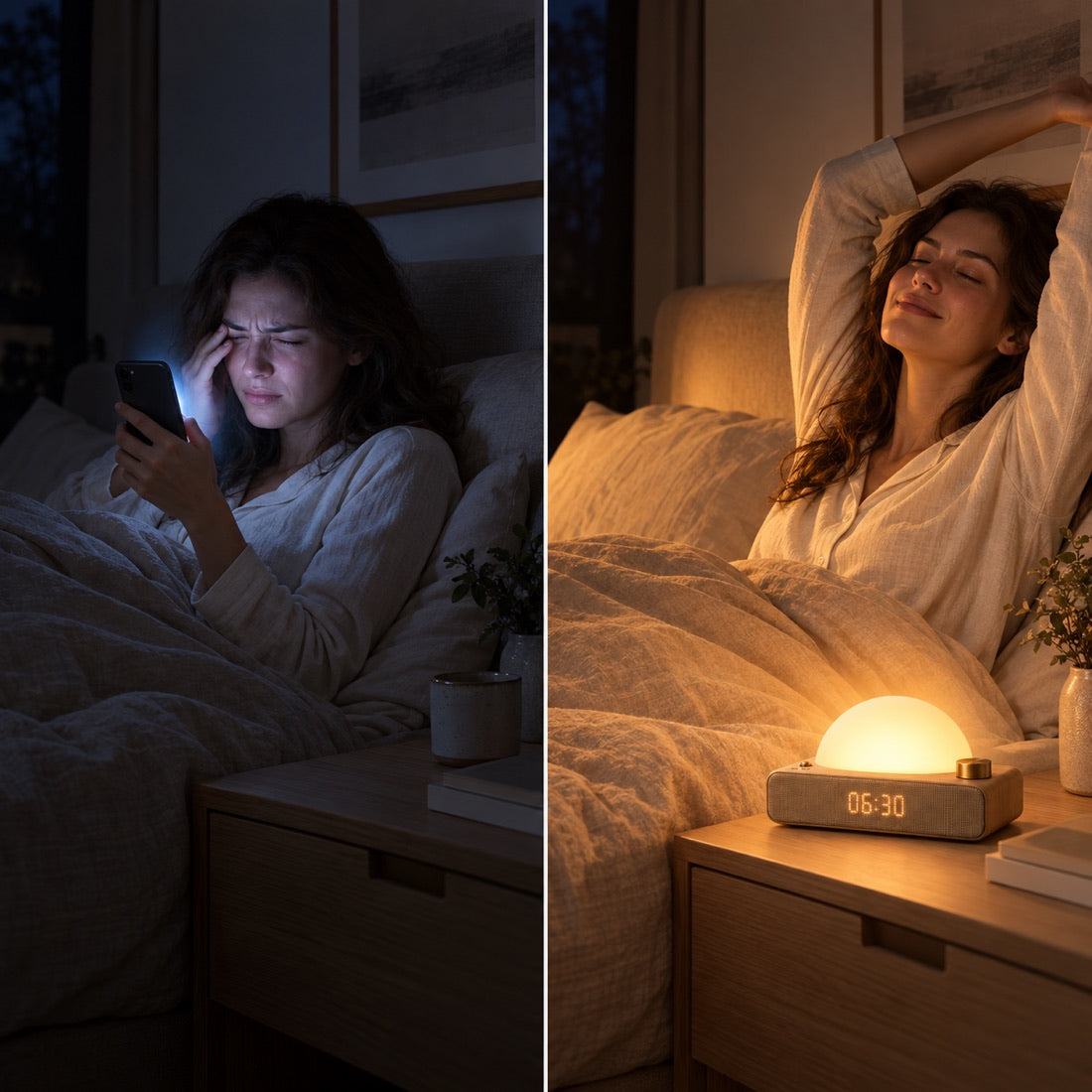 À gauche, réveil dans le noir avec la lumière bleue du téléphone. À droite, la même chambre éclairée par Aube, réveil en douceur.