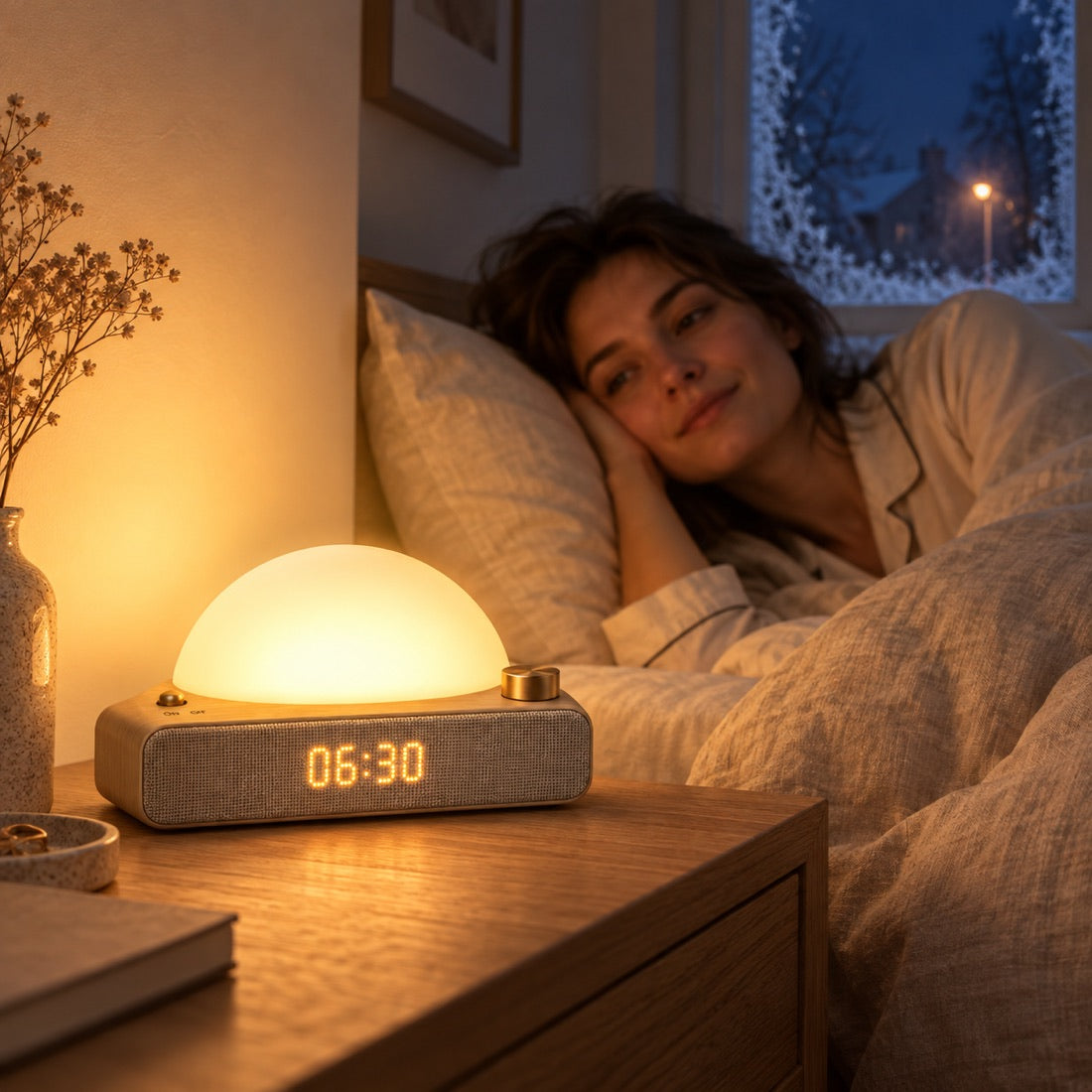 Matin d'hiver, dehors il fait nuit, la chambre est éclairée par Aube